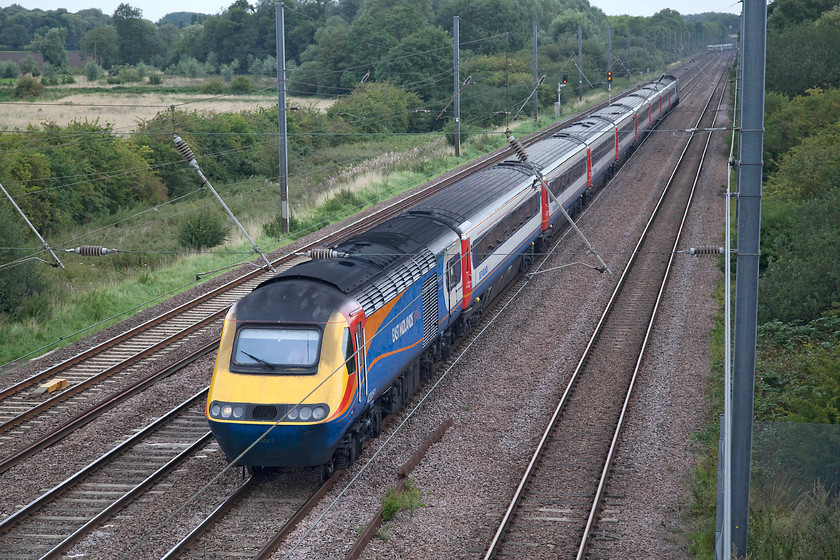 43061 & 43059 GR 07.00 Hull-London Kings Cross (1A12, 4E), Arlesey TL189364 
 On hire from East Midlands Trains is 43061 and 43059, seen heading south past Arlesey in Bedfordshire. The complete EMT set is working the 07.00 Hull to London King's Cross. Up until the early 1980s this working would often have been Deltic hauled. I would have been mightily disappointed to see a dreaded HST substituting for a Deltic; how things have changed! 
 Keywords: 43061 43059 1A12 Arlesey TL189364