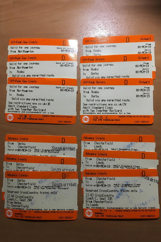 Tickets, Northampton-Leeds 
 A total of twelve tickets got us from Northampton to Leeds. This is the result of using split ticketing that saved about 50! 
 Keywords: Tickets Northampton-Leeds