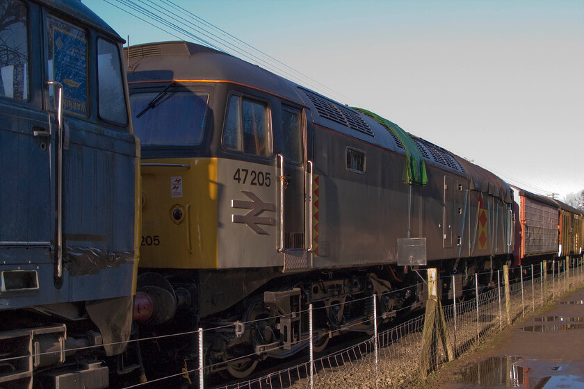 31289 & 47205, ready to be shunted into sidings, Pitsford & Brampton station 
 The New Year' Eve effect had obviously caused a slightly late start at the Northampton and Lamport Railway as when we arrived for our mince pie special trip up and down the line the train and stock were not in position and ready to go. This was the scene as we walked along the path opposite the station with 31289 and 47205 attached to a selection of wagons. 
 Keywords: 31289 47205 Pitsford & Brampton station