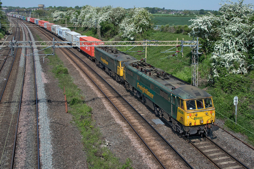 86604 & 86609, 05.00 Trafford Park-Flexstowe North (4L75, 5E), Victoria bridge 
 Unfortunately, I was not in the right location for the double-headed 4L75 05.00 Trafford Park to Felixstowe North Freightliner at Victoria bridge between Northampton and Milton Keynes. 86604 and 86609 do not quite fit properly to be framed correctly in front of the electrification cross-piece. I could have let the train come a little further forward but the wider angle and extreme low facing view needed would lead to considerable distortion issues so this compromise will have to do! 
 Keywords: 86604 86609 05.00 Trafford Park-Flexstowe North 4L75 Victoria bridge Freightliner AL6