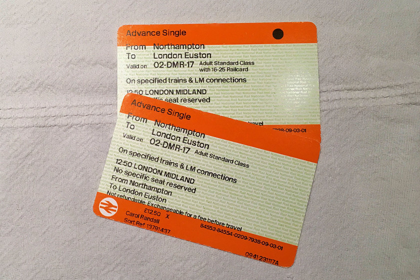 Tickets, Northampton-London Euston 
 Our tickest to London, my advanced single was not great value, but my son's was a third cheaper due to his 16-25 Railcard. 
 Keywords: Tickets Northampton-London Euston