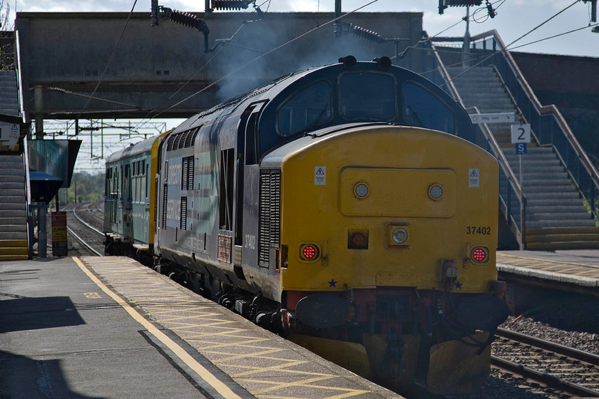 37402 & 975025 'Caroline', 07.25 Willesden-Willesden (via Cambridge & Ipswich), Hatfield Peverel station 
 A former Class 203 trailer restaurant buffet car (TRB) is a ridiculously light load for 37402 'Stephen Middlemore 23.12.1954-8.6.2013' but, nonetheless it was still creating quite and English Electric soundtrack as it passes through Hatfield Peverel station! It is seen disappearing into the afternoon sunshine on the Great Eastern Mainline as it returns towards London as the 07.25 Willesden return working that had travelled outward via Cambridge and Ipswich. 
 Keywords: 37402 975025 Caroline 07.25 Willesden-Willesden Cambridge & Ipswich Hatfield Peverel station Stephen Middlemore 23.12.1954-8.6.2013