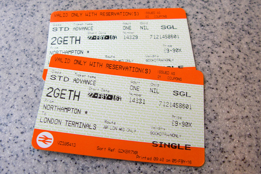 Tickets, Northampton-London Euston 
 Our tickets from Northampton to Euston. If we had gone on the train fifteen minutes earlier it would have cost not far off double the price!