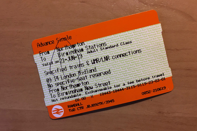 Ticket, Northampton-Birmingham New Street 
 My single ticket from Northampton to New Street. Bought the day before and off-peak got the price down to a very reasonable 6.00. 
 Keywords: Ticket Northampton-Birmingham New Street