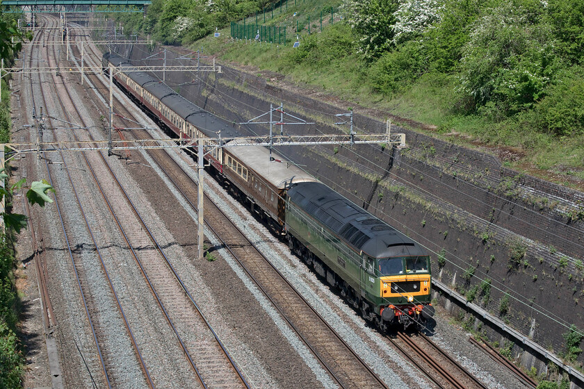 D1935 & D1924, 10.10 Liverpool Lime Street-Wembley Central (1Z86, 6L), Roade cutting 
 D1935 'Roger Hosking MA 1925-2013' leads D1924 'Peter Bath MBE 1927-2006' through Roade cutting with a smart set of Statesman stock sandwiched between the two locomotives. The train was in association with the 2022 FA Cup Final carrying Liverpool fans from Merseyside to Wembly running as the 1Z86 10.10 Lime Street to Wembley Central. Ultimately, after extra time and nailbiting penalties, Liverpool was to win the game beating Chelsea. 
 Keywords: D1935 & D1924, 10.10 Liverpool Lime Street-Wembley Central 1Z86 Roade cutting Roger Hosking MA 1925-2013 Peter Bath MBE 1927-2006