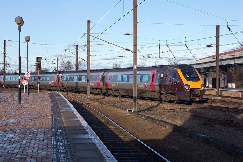 221136, XC 12.14 Darlington-Penzance relief (1Z58), York station 
 Due to the complete closure of the ECML at Durham dues to an 'incident' all trains were terminating at various location north of York and then returning south again. Here, running as 1Z58, 221136 brings the 12.14 Darlington to Penzance train designated as a relief into York. This type of incident is one that the privatised railway struggles to cope with but one that in BR days would have been handled in a more joined-up manner. However, on this particular occasion, the train planners did a reasonable job of getting trains moving. 
 Keywords: 221136 12.14 Darlington-Penzance relief 1Z58 York station