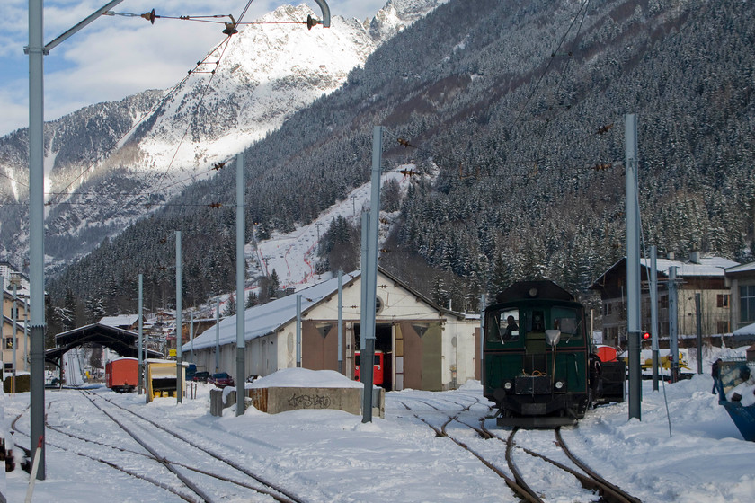 Snowblowing train, Chamonix Montenvers Mer De Glace 
 Having completed its work for the day, the snow clearing train heads for the depot at Chamonix. It had been involved in clearing the track up the line somewhere towards the Montenvers terminal high above the Mer De Glace at 1913 metres (6200 feet). 
 Keywords: Snowblowing train Chamonix Montenvers Mer De Glace