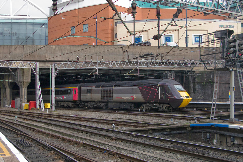 43321, XC 13.24 Exeter St. David s-Glasgow Central (1S51), Birmingham New Street station 
 43321 brings up the rear of the 13.24 Exeter St. David's to Glasgow Central as it leaves Birmingham New Street. A High-Speed Train has to be a far better way to make this journey, that goes via Derby, York, Newcastle and Edinburgh, rather than the more direct WCML route than travelling in one of CrossCountry's dreadful Voyagers! 
 Keywords: 43321 13.24 Exeter St. David's-Glasgow Central 1S51 Birmingham New Street station