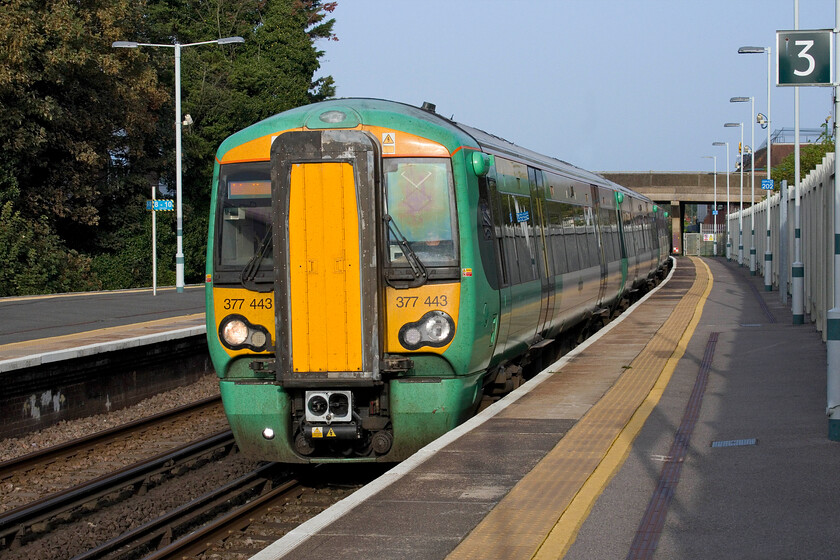 377443, SN 17.23 Brighton-West Worthing (2U54, RT), Worthing station 
 In superb early evening light at the end of what had been an extraordinarily hot September day (over thirty degrees Celsius for the second day running), Southern's 377443 arrives with the 2U54 Brighton to West Worthing evening shuttle, a distance of just over eleven miles. 
 Keywords: 377443 17.23 Brighton-West Worthing 2U54 Worthing station Electrostar Southern