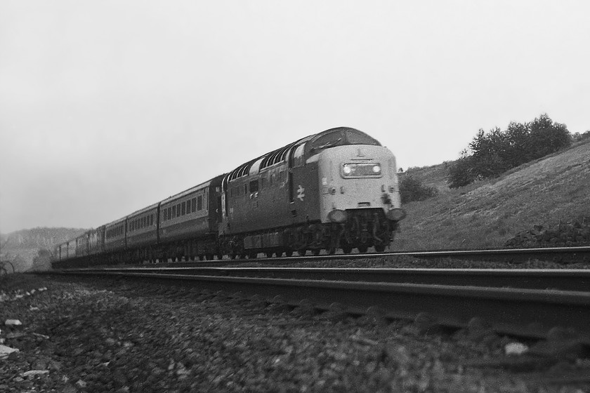 55009, unidentified down working, Grantham SK920344 
 55009 'Alycidon' roars down Stoke Bank on its approach to Grantham with an unidentified down working. I am in the cess taking this low-angle picture and looking back now realise what a crazy thing to do it was putting myself in this position. However, attitudes were somewhat different then and I was a nave teenager eager to get some action shots of Deltics. 
 Keywords: 55009 down working Grantham SK920344