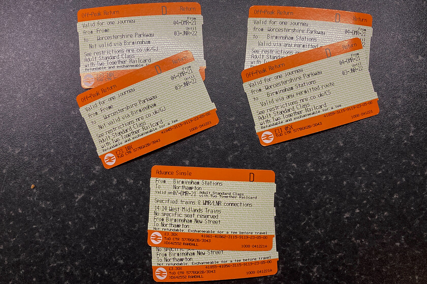 Tickets, Frome-Northampton 
 Our tickets for the return journey from Frome to Northampton. We travelled on an identical route with the journey split in exactly the same way. I have to add that the return journey was absolutely faultless with all trains running to time apart from a small delay arriving into Gloucester caused by us having to wait for a late-running Crosscountry Voyager to pass us at Bristol Parkway. Quite why this could not have overtaken us on the now re-quadrupled track from Dr. Day's Junction and up Ashely bank to Filton is a little beyond me as it was right behind us. I thought that it was for situations like this that the route was quadrupled again back in 2018? 
 Keywords: Tickets Frome-Northampton