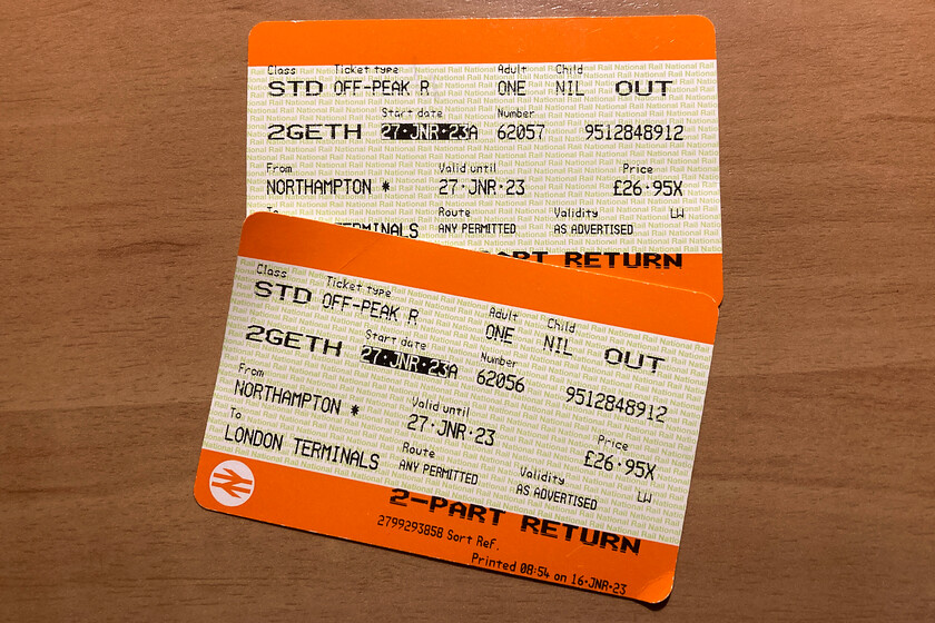 Tickets, Northampton-London Euston 
 The outward tickets of our return trip to London from Northampton. At under 15 each way this represents pretty good value for money remembering that it is a town/city centre journey. With ULEZ, parking and other charges there is no way that this journey could be made by car any cheaper even in an electric vehicle. 
 Keywords: Tickets Northampton-London Euston