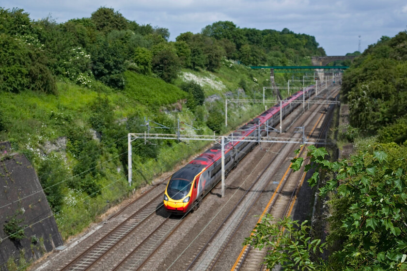 Class 390, VT 09.05 Wolverhampton-London Euston, Roade Cutting 
 There is no camera or user error with this photograph but merely that I have tried to be a little more creative! I have set and held the camera's focus on the ash and sycamore saplings to the right whilst allowing the background to remain blurred. The unidentified Class 390 is passing through Roade cutting is working the 09.05 Wolverhampton to Euston service. 
 Keywords: Class 390 09.05 Wolverhampton-London Euston, Roade Cutting Virgin Pendolino