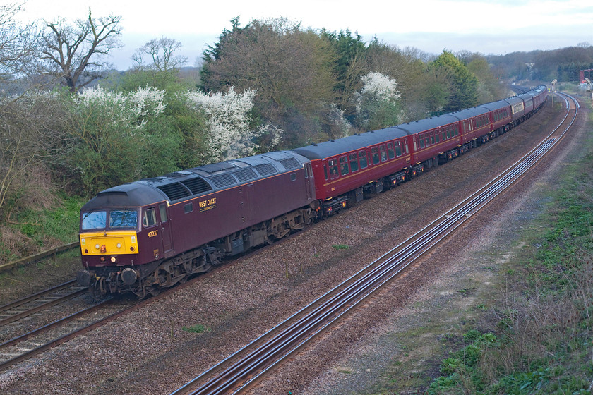 47237, outward leg of The Cathedrals Express, Kettering-Bristol Temple Meads (with 45699 from Southall) (1Z45), Sharnbrook Junction Tl002598 
 West Coast's 47237 leads the outward leg of The cathedrals Express that started out just a short distance down the line at Kettering. Its destination was Bristol with it being steam hauled from Southall by 45699 'Galatea'. The whole train ran as 1Z45 all the way to the West Country. 
 Keywords: 47237 The Cathedrals Express 1Z45 Sharnbrook Junction Tl002598