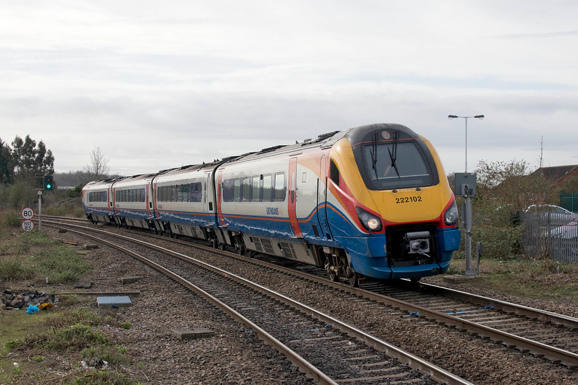 222102, EM 08.47 London St. Pancras-Corby (1M08, RT), Wellingborough station 
 222102 slows for its stop at Wellingborough (or 'station-stops' as so many on-board announcers tautologically refer to it - yuk!) working the 08.47 St. Pancras to Corby. When the relief lines are fully reinstated and the new up platform is brought back into use these 'local' Corby workings will not work on the fast lines, at least from the south of Wellingborough where some crossovers are to be installed. 
 Keywords: 222102 08.47 London St. Pancras-Corby 1M08 Wellingborough station