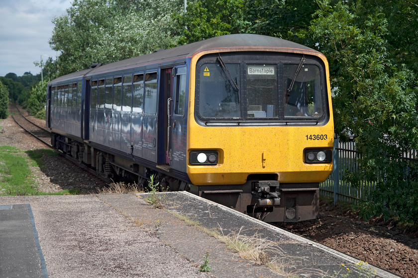 143603, GW 10.21 Paignton-Exmouth (2F21, 8L), Exmouth station 
 143603 arrives at its destination working the 10.21 Paignton to Exmouth. The train was eight minutes late and with a platform full of passengers behind me it demanded a very rapid turnaround. 
 Keywords: 143603 2F21 Exmouth station