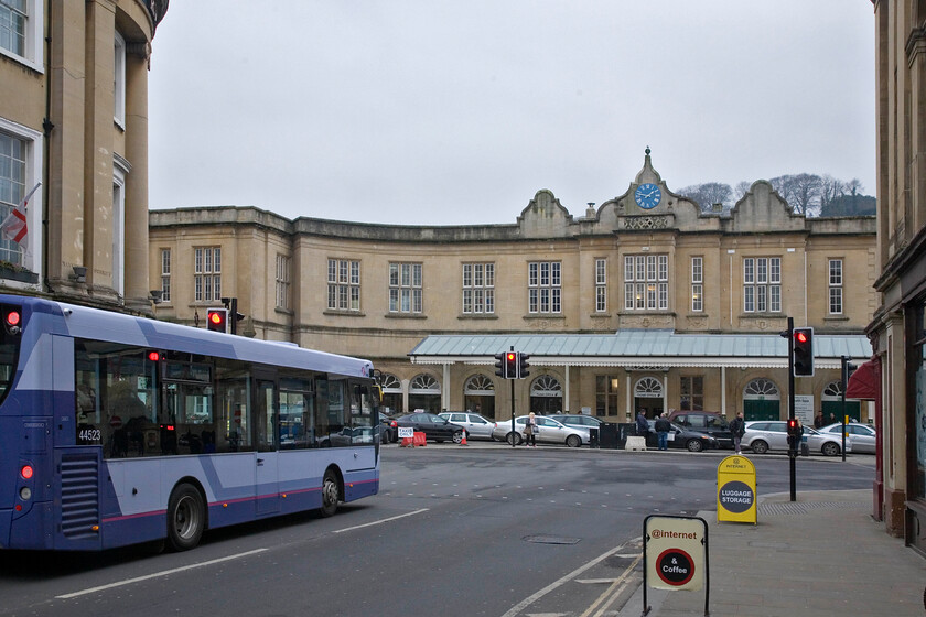 Frontage, Bath Spa station 
 The elegant frontage of Bath Spa is seen from Manvers Street. Opened in 1840 it is now Grade II listed and famed for its asymmetrical Tudor style with curving gables. This was a very important station for me as it was where I first went trainspotting as a youth back in 1975; the rest, as they say, is history! 
 Keywords: Frontage Bath Spa station