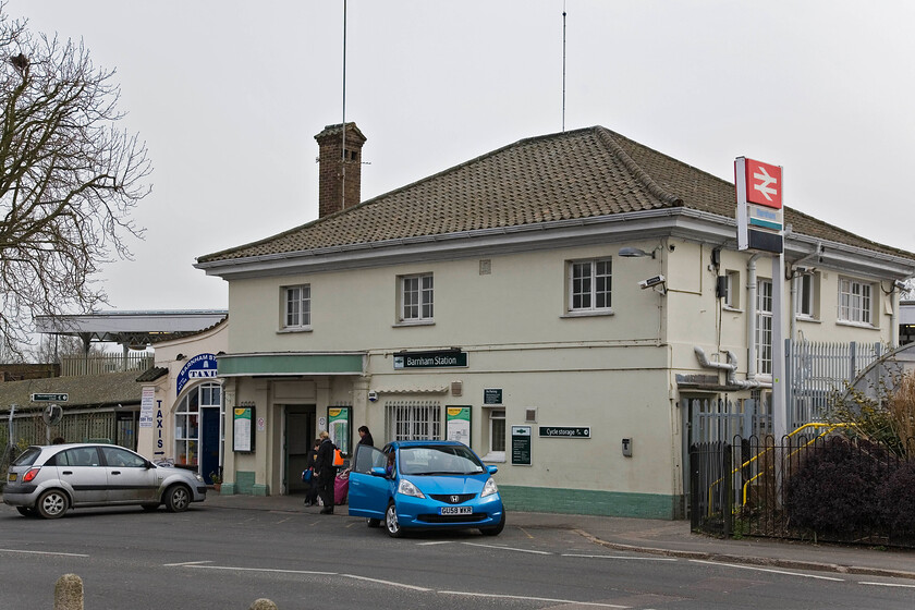 Frontage, Barnham station 
 At sixty-three miles from Victoria (via Redhill) Barnham is a busy interchange station that has seen a steady rise in passenger numbers in recent years. It was opened by the London, Brighton and South Coast Railway in 1846 but I suspect that the station building seen here is more recent; local advice anybody? 
 Keywords: Frontage Barnham station