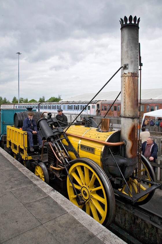 Replica Rocket, NRM 
 This replica of 'Rocket' the famous 0-2-2, designed by Robert Stephenson, was built in 1979 to commemorate the 150th anniversary of the Rainhill trials. It became part of the national collection in 1998 and now carries passengers on a short demonstration track at the NRM. My son and I took the short out and back trip in the wooden-bodied open carriage just seen behind the locomotive. 
 Keywords: Replica Rocket NRM National Railway Museum