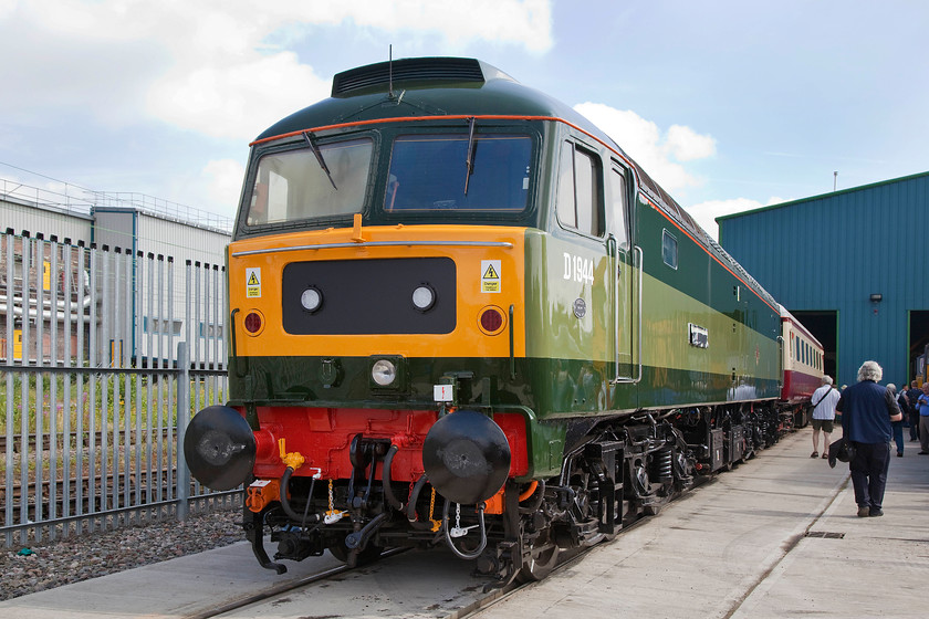 D1944 (47501), on-display, DRS Gresty Bridge 
 D1944 looks absolutely superb in its freshly applied two-tone green livery. It had recently been disposed of by DRS being bought by Locomotive Services LTD who are based at the old Crewe Diesel Depot. It made the short journey back to Gresty Bridge for its naming later in the afternoon. The Great Western style cast nameplate is seen covered up on the side of the loco. These plates were unveiled later and the loco. was re-named 'Craftsman', the name it had carried when it was numbered 47501 from October 1987. 
 Keywords: D1944 47501, DRS Gresty Bridge