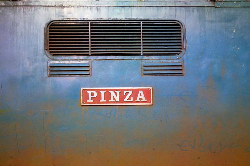 Nameplate, 55007, stabled (blacklisted), York MPD 
 Due to an unofficial industrial dispute, all Deltics were blacklisted from 17th-21st October 1977. Consequently, the only Deltic that we saw on our trip to York was 55007 'Pinza' which was at York MPD for just over two weeks. Looking a bit work-stained its bodyside supports its small nameplate. The Deltic was named after Pinza, a British Thoroughbred racehorse. Pinza won the Derby, the King George VIth and Queen Elizabeth Stakes (the horse racing equivalent of football's triple) in 1953.