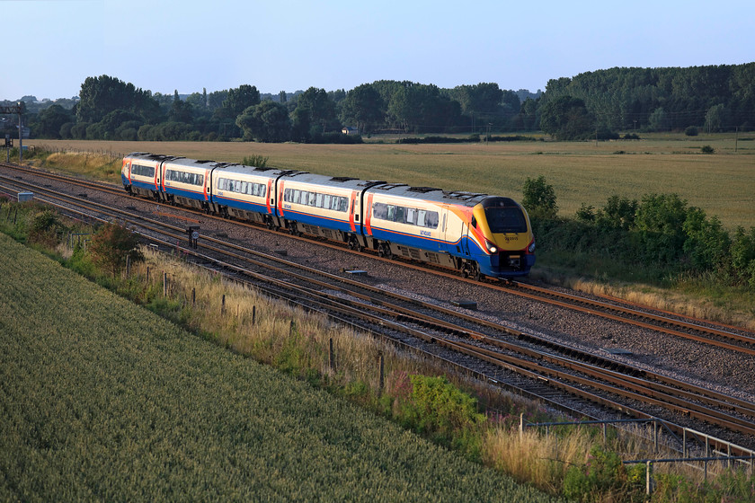 222015, EM 18.56 Corby-London St. Pancras (1P74, 4L), Harrowden Junction 
 222015 passes Harrowden Junction on the up slow relief line with the 18.56 Corby to St. Pancras. This service will join the up fats the other side of the bridge I am standing on and then make its next stop at Wellingborough. 
 Keywords: 222015 1P74 Harrowden Junction