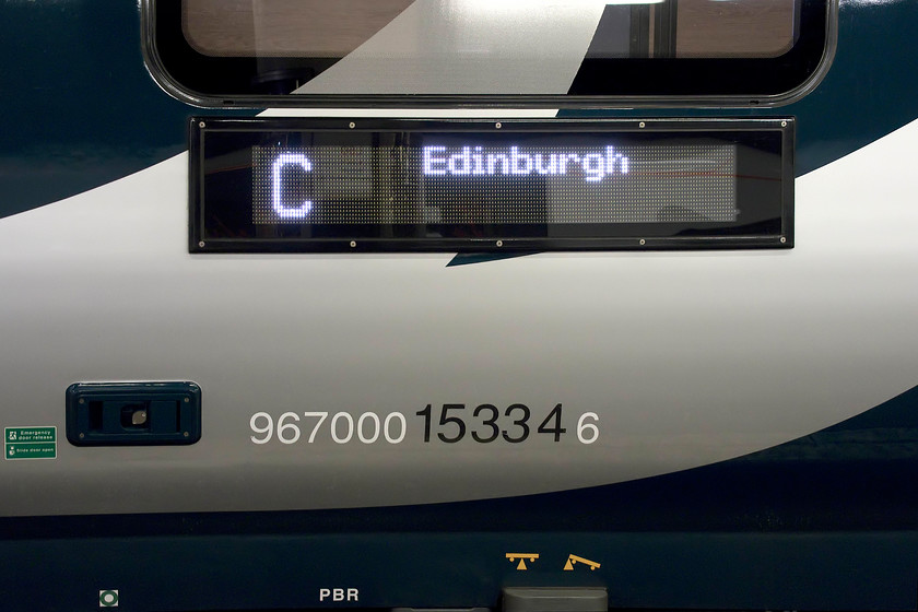 Coachside display panel, 15334, CS 23.36 London Euston-Glasgow Central & Edinburgh Waverley (via Manchester) (1S26, 1B26, RT), London Euston station 
 The new CAF Mk. V stock has many modern features over their older Mk. IIIs cousins. One of the most notable features is the large bodyside matrix displays. This is a feature found on many new trains but none quite as big as these! 
 Keywords: Coachside display panel 15334 23.36 London Euston-Glasgow Central Edinburgh Waverley Manchester 1S26 1B26 London Euston station