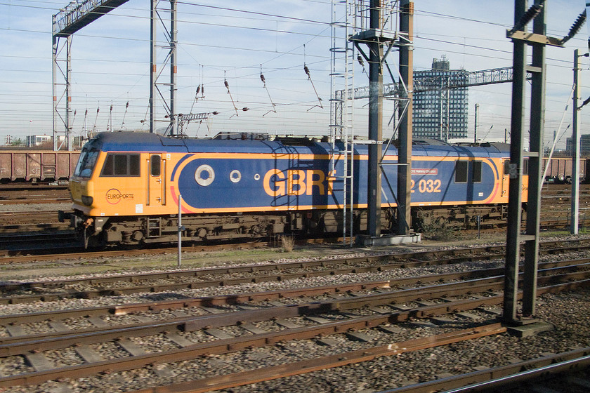 92032, stabled, Wembley Yard 
 92032 'I Mech E Railway Division' looks smart in its GBRF livery as its sits stabled in Wembley yard. These class 92s were full of cutting edge technology when they were delivered in the mid 1990s. Since then, there fortunes have waxed and waned a bit as the fortunes of international freight through the channel tunnel came and went. A number have been exported to Eastern Europe countries where they see use on freight workings. 
 Keywords: 92032 Wembley Yard