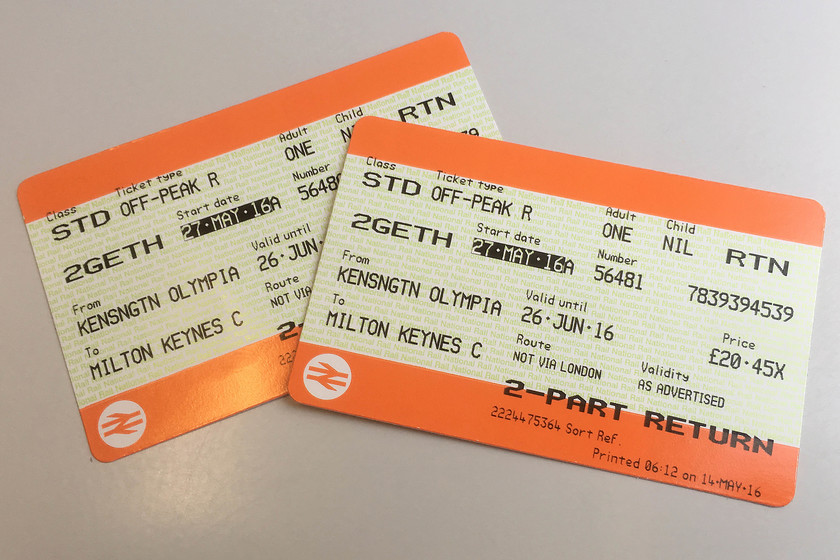 Tickets, Kensington Olympia-Miton Keynes Central 
 Our return tickets from Kensington Olympia to Milton Keynes. At a little over 40 return is not bad value.