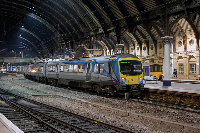 185146, unidentified Scarborough working & 1501123, stabled, York station 
 Something obviously went wrong at York station as 184146 sat empty and switched off at platform five for almost all the time we were at the station. For quite some time, passengers were waiting for the doors to be opened which they eventually did and it left for Scarborough. Unfortunately, I failed to identify on Realtime Trains what this working was. Behind the class 185 is 150123 stabled in the remaining north-facing bay platform. 
 Keywords: 185146 Scarborough working 1501123 York station