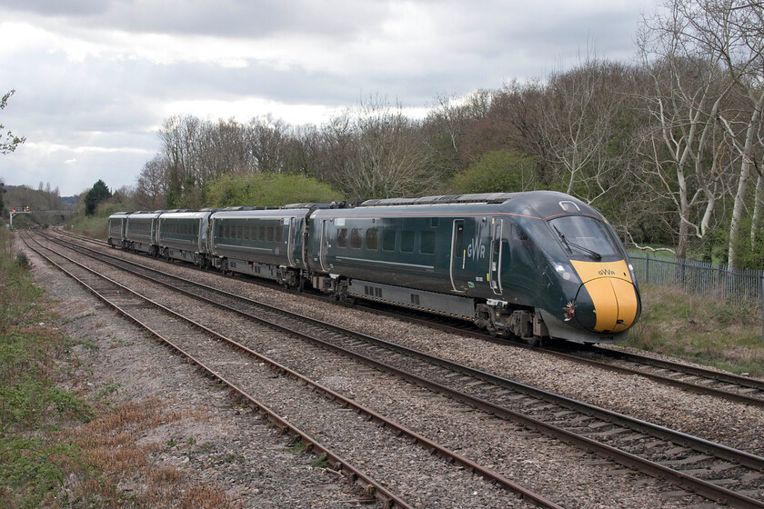 800006, GW 15.28 London Paddington-Cheltenham (1G21, RT), Cloddy bridge 
 Approaching the end of its journey 800006 slows as it passes Cloddy bridge in Cheltenham. The five-car IET, working the 15.28 from Paddington, seems to be a poor replacement for an HST set that used to operate these services. Notice the poor unfortunate pheasant that has attached itself to the front of the train that would be suffering from a little more than just a headache! 
 Keywords: 800006 15.28 London Paddington-Cheltenham 1G21 Cloddy bridge GWR Great Western Railway IET