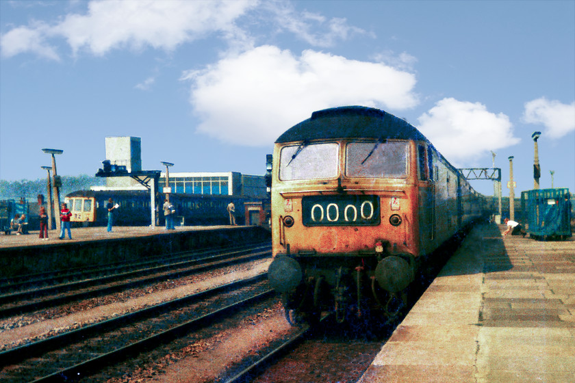 Class 47 & class 116 DMU, unidentified workings, Cardiff Central station 
 An unidentified class 47 runs into Cardiff Central station with a service from the west. In the background is a class 116 DMU probably working a valleys working of some kind. Notice the BRUTE trolley on the platform end and the spotter on his knees as the train arrives, perhaps he was a 'Duff worshiper' of some kind? 
 Keywords: Class 47 class 116 DMU Cardiff Central station