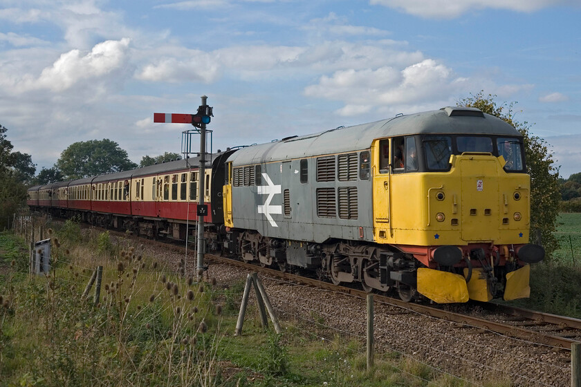 31108 (for failed 20001), 14.02 Wansford-Peterborough Nene Valley (2B62), Sutton Cross TL103980 
 With the failure of 50026 'Indomitable' earlier in the day causing disruption to the Nene Valley's autumn gala further the timetable was put into a state of disarray again with 20001 also failing. The late running 14.02 Wansford to Peterborough Nene Valley gets away from its starting point with 31108 called in to substitute for the disgraced Class 20. 
 Keywords: 31108 failed 20001 14.02 Wansford-Peterborough Nene Valley 2B62 Sutton Cross TL103980 A1A A1A Type 3