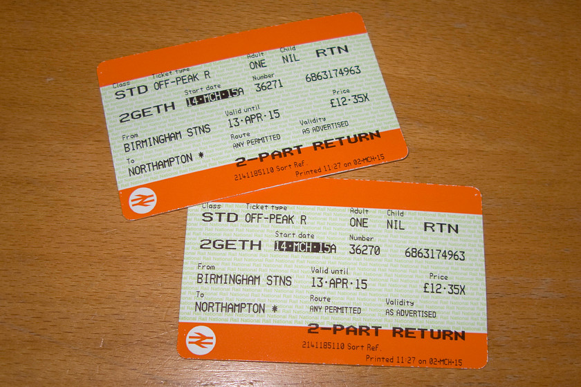 Tickets, Birmingham New Street-Northampton 
 Our return tickets from Birmingham to Northampton. Unusually, we bought OP returns rather than the more usual singles meaning that it cost just over 24 for the two of us. 
 Keywords: Tickets Birmingham New Street-Northampton