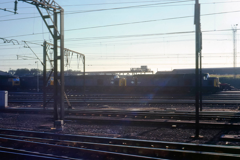 47425, 76010, 40097 & 40017, stabled stored, Crewe yard 
 As we left Crewe heading for home I managed to take this photograph, straight into the late afternoon sun, from the droplight of our train. From the left, it shows 47425 next to an unusual visitor, 76010. At this time, 76010 was still in service not being withdrawn until July 1981. The class 40 in the centre partially obscured by the catenary mast I have down as 40097 but contemporary records state that this was in the works at this time (even though I did not have its number recorded in my notes) so I thought that I must have identified it incorrectly being unable to see the number even from the enlarged image. One of my readers, Peter Burnett, has confirmed my identification of the loco. so why it was not in the works I am unsure? The 40 to the right is easy to identify as 40017 'Carinthia'. It had been released from the works the previous week after receiving auxiliary generator repairs having arrived in early June. 
 Keywords: 47425 76010 40097 40017 stabled stored, Crewe yard