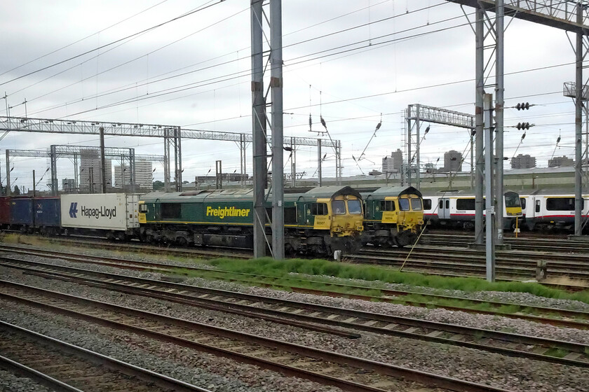 66517, 05.20 Crewe Basford Hall-London Gateway (cancelled from Wembley Reception) (4L52, 12L) & 66514, 23.21 Garston-London Gateway (4L81, 45E), Wembley Yard 
 Passing Wembley Yard at speed two Freightliner Class 66s are observed. To the left 66517 is seen at the head of the 05.20 Crewe Basford Hall to London Gateway that arrived the previous morning (Saturday) to then be cancelled. I am not sure when the train was to move on and complete its journey. To the right the 4L52 23.21 Garston to London Gateway also appears to have been held up but at least not cancelled. 
 Keywords: 66517 05.20 Crewe Basford Hall-London Gateway cancelled from Wembley Reception 4L52 66514 23.21 Garston-London Gateway 4L81 Wembley Yard Freightliner