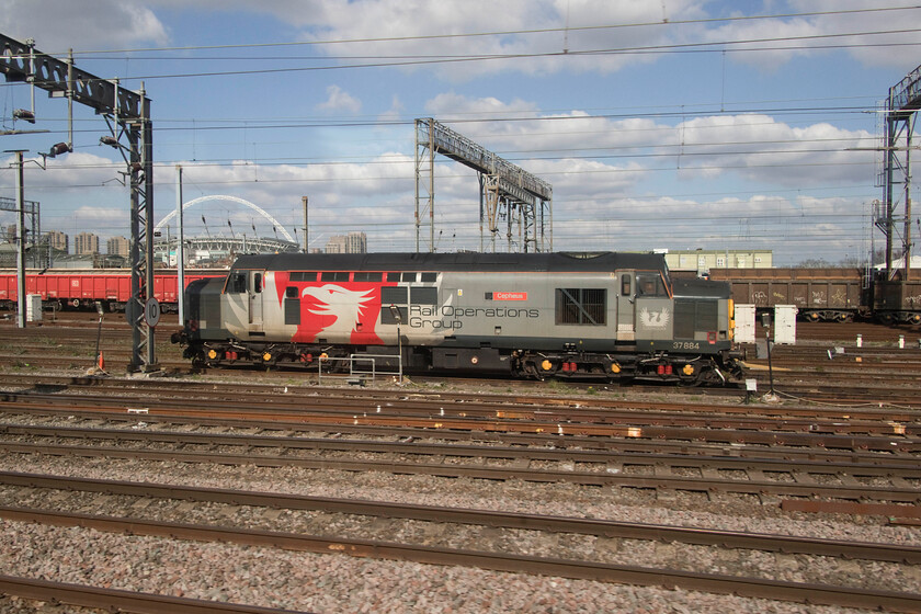 37884, stabled, Wembley Yard 
 A Rail Operation Group Class 37 is often found stabled in Wembley Yard with them frequently running light engine up and down the WCML in connection with the movement of various stock elsewhere. 37884 'Cepheus' is seen basking in the spring sunshine as we pass aboard the 13.14 Euston to Northampton train. 
 Keywords: 37884 Wembley Yard Cepheus