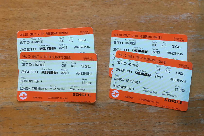 Tickets, Northampton-London Euston-Northampton 
 Our return tickets from Northampton to London Euston, 28 round trip fare is not too bad even if the journey was somewhat affected by the weather!