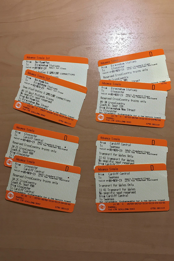 Tickets, Northampton-Swansea 
 Using split ticketing, the journey from Northampton to Swansea was divided into four legs. This kept the cost down considerably and saved an amazing 113 on the direct one ticket journey; what an absolute rip off! 
 Keywords: Tickets Northampton-Swansea