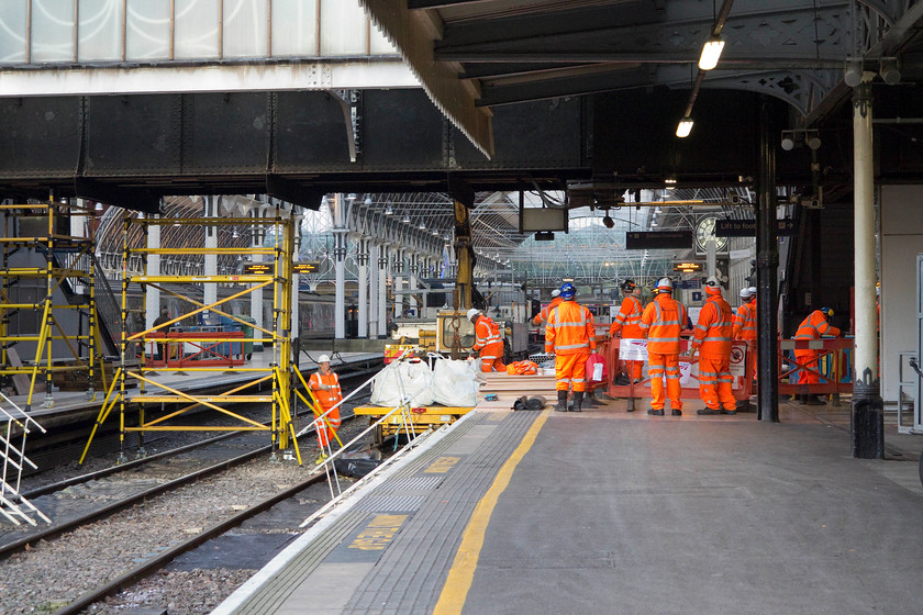 Electrification work, London Paddington station 
 Platforms one and two are out of use as work is being undertaken on the passenger footbridge in order to facilitate the installation of the electrification paraphernalia. With these two key platforms out of use, the pressure was really on to ensure that all services could arrive and depart. Any failure or delays would cause massive problems for the station controllers. 
 Keywords: Electrification work London Paddington station