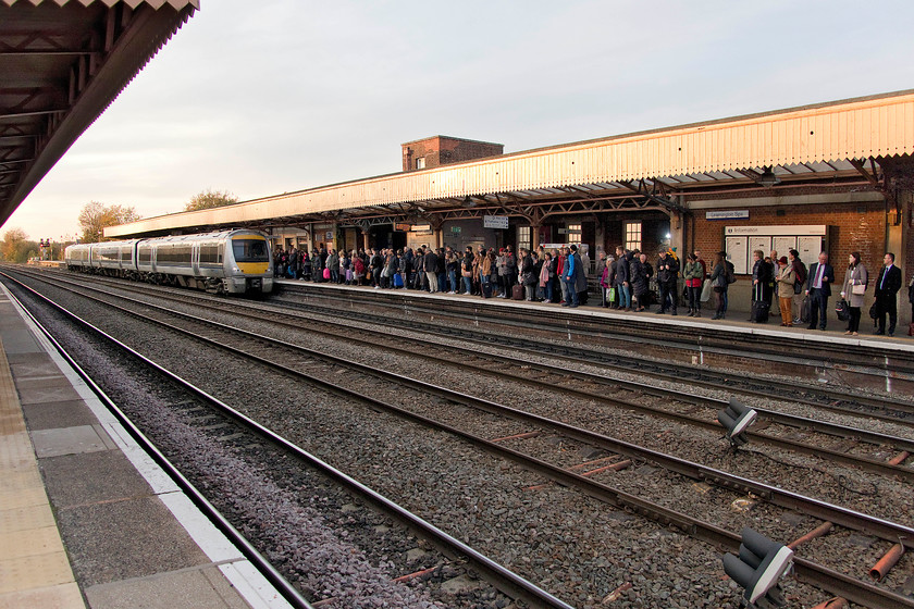 168108, CH 15.12 Birmingham Snow Hill-London Marylebone (1H56, 33L), Leamington Spa station 
 Just a fraction of the passengers patiently waiting on Leamington Spa's up platform would have been able to board 168108. The 15.12 Snow Hill to Marylebone was already packed to the gunwales due to the closure of the WCML and passengers with Virgin and London Northwestern tickets being advised and permitted to use the Chiltern line services. I am not sure how long passengers took to get to London on this route, this service arrived thirty-three minutes down and what the conditions were like for them in what is, at the end of a day, a three-car DMU! 
 Keywords: 168108 15.12 Birmingham Snow Hill-London Marylebone 1H56 Leamington Spa station