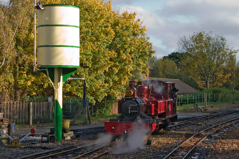 9, running round, Aylsham station 
 With a very autumnal backdrop at Aylsham station 9 'Mark Timothy' backs out of the station yard after coaling ready to make its way forward again for turning. Notice the Halloween adornment just above the smokebox in recognition of this being very close to the 31st October. 
 Keywords: 9 Aylsham station Mark Timothy