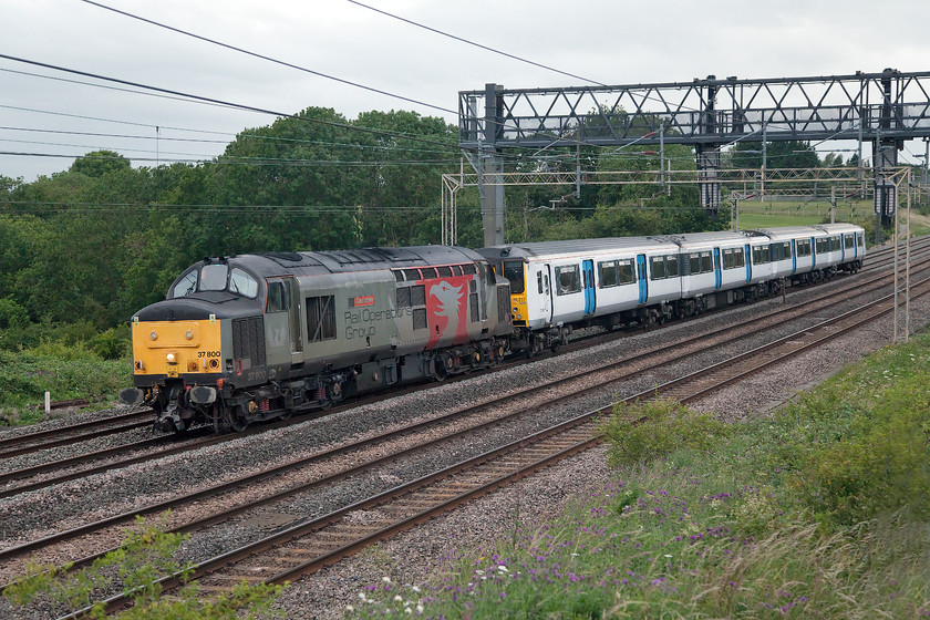 37800 & 317339, 13.12 Kilmarnock Bonnyton-Ilford EMUD (layover at Wembley) (5Q50,), Roade Hill 
 On a very dull and unseasonally windy June evening, 37800 'Cassiopeia' in its Europhoenix livery drags Greater Anglia's 315339 between Roade and Ashton in south Northamptonshire. The 13.12 Kilmarnock to Ilford 5Q50 move is returning the EMU to its Essex base after attention in Scotland - one of a number of such moves that have taken place over the spring and summer of 2020 throughout the COVID-19 pandemic period. This particular view is one that is normally a morning position as it faces north-west but on such an overcast evening the setting sun is not an issue! 
 Keywords: 37800 317339 13.12 Kilmarnock Bonnyton-Ilford EMUD layover at Wembley 5Q50 Roade Hill GA Greater Anglia ROG Rail Operations Group Cassiopeia Europhoenix