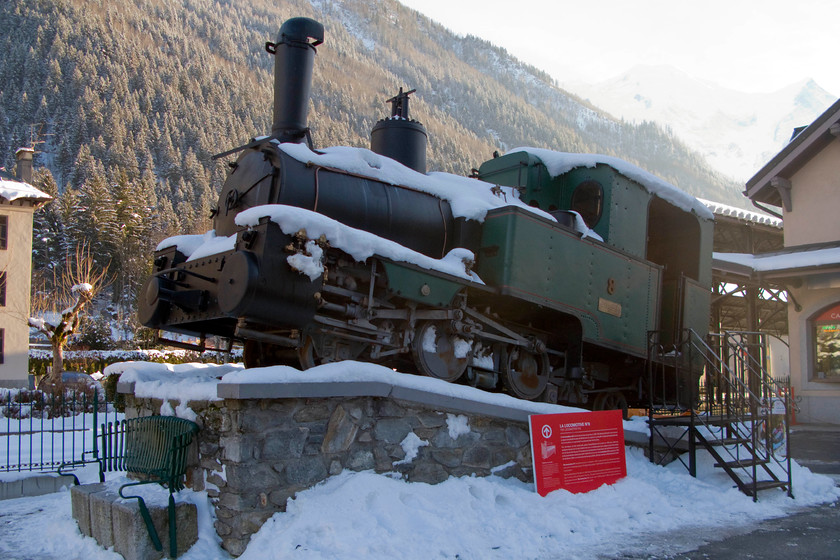 8, Chamonix Montenvers Mer De Glace 
 One of the former steam locomotives, number 8, that used to operate trains on the Chamonix to Montenvers Mer De Glace mountain railway up until 1953. There were six 2-4-2T locomotives built by Swiss Locomotive and Machine Works between 1908 and 1923. This one is seen standing on a stone plinth outside the Chamonix terminus of the Mer De Glace railway. 
 Keywords: Chamonix Montenvers Mer De Glace