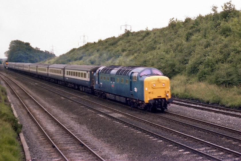 55003, 17.35 London Kings Cross-Newcastle (1N06), Westby SK962271 
 55003 'Meld' hauls the 1N06 17.35 London King's Cross to Newcastle up Stoke Bank. It is seen near to the top of the long climb that started just north of Peterborough passing near to the village of Westby in a very remote spot of Lincolnshire. Apologies for the motion blur, 1/125th. sec. simply did not 'cut it' when it came to a fast moving train! 
 Keywords: 55003 17.35 London Kings Cross-Newcastle 1N06 Westby SK962271