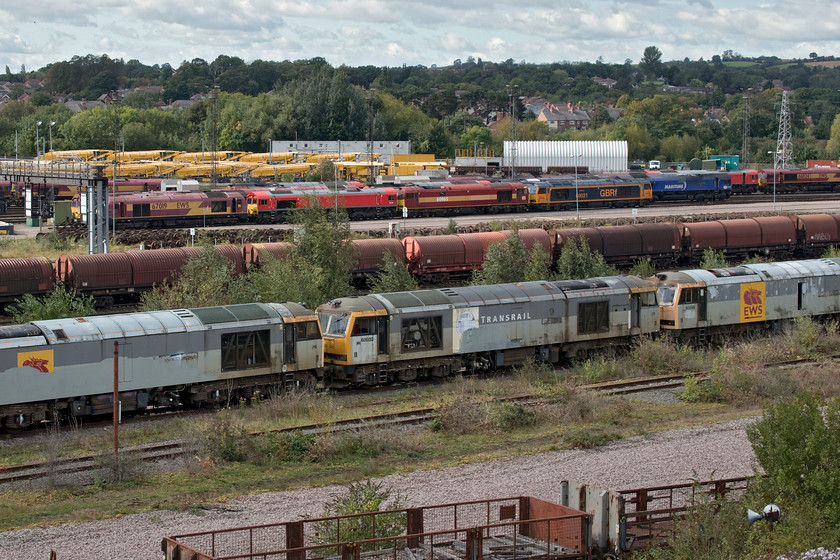 60067, 60032, 60088, 67019, 66182, 60065, 60021, 66090 & 66024, stored & stabled, Toton yard 
 The three Class 60s in the foreground (60067 'James Clerk-Maxwell', 60032 'William Booth' & 60088 'Buachaille Etive Mor') are probably destined for one final journey having been stored for a number of years at Toton. At the rear is 67019 stored since 2015 and then DB's red 66182. Then there are two Class 60s, 60065 'Spirit of Jaguar' and the renamed GBRf 60090 'Pen-y-Ghent'. I was pleased to see a blue Maritime Class 66 tucked in at the back hoping that it was one of the remaining three that I need to photograph. Alas, I was to be disappointed as it was 66090 'Maritime Intermodal Six' that I have numerous photographs of. Tucked in right at the end is EWS liveried 66024. 
 Keywords: 60067 60032 60038 67019 66182 60065 60021 66090 66024 stored stabled Toton yard James Clerk-Maxwell William Booth Buachaille Etive Mor Spirit of Jaguar Pen-y-Ghent Maritime Intermodal Six