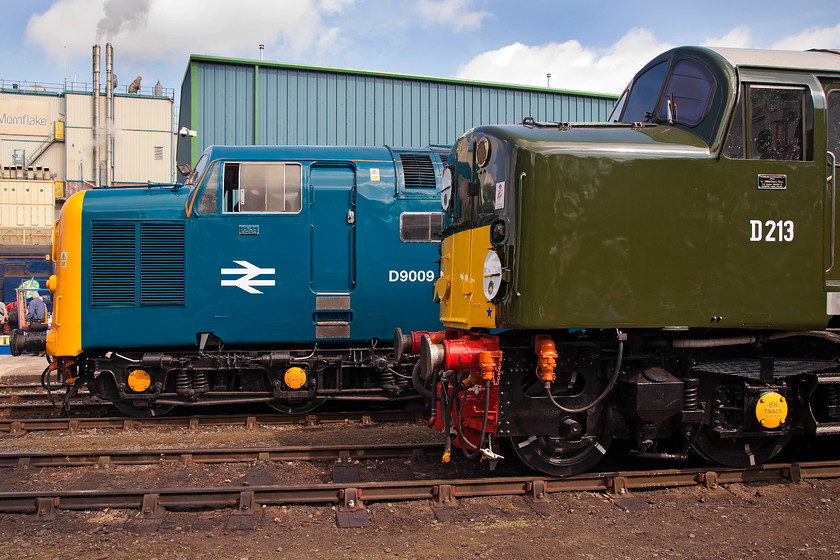 D9009 (55009) & D213 (40013), on-display, DRS Gresty Bridge 
 Two years separate these two English Electric classic locomotives. The slightly newer D9009 'Alycidon' was new in July 1961 and spent its life thrashing up and down the ECML. To the right is D213 'Andania' that was new in June 1959. This type 4 spent its working career on the London Midland Region being withdrawn in 1984 two years after the Deltic. 
 Keywords: D9009 55009 D213 40013 on-display DRS Gresty Bridge