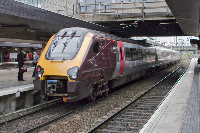 220006, XC 08.07 Manchester Piccadilly-Paignton (1V47), Stafford station 
 222006 pauses at Stafford station working the 08.07 Manchester Piccadilly Cross Country service to Paignton. Is a four-car DMU really adequate for a service such as this? 
 Keywords: 220006 08.07 Manchester Piccadilly-Paignton 1V47 Stafford station