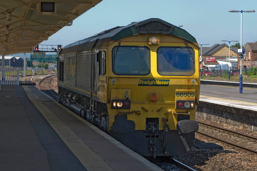 66509, up light engine, Taunton station 
 Despite an extensive search of RTT I was unable to identify this light engine working at Taunton station. 66509 runs wrong line through platform two. Notice the common practice now adopted on many stations of blocking off the end of the platform with some sort of fence is in use at Taunton. Thus, I would be unable to recreate images taken in the past such as.... https://www.ontheupfast.com/v/photos/21936chg/26418693604/x50029-17-32-london-paddington-penzance However, with the semaphores and signal box all swept away and Class 50s being a little thin on the ground, a similar picture would be a little difficult! 
 Keywords: 66509 up light engine Taunton station