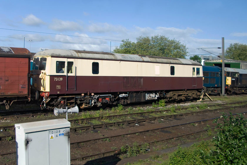 73139, 31106 & 31459, stabled, RVEL Derby 
 Electro-diesel 73139 is seen outside Railway Vehicle Engineering Limited (RVEL) on the approach to Derby station. It is still wearing its brown and cream Pullman livery from its time when it worked for the charter operator. It was withdrawn way back in 1999 and I am not at all sure what the future holds for it. It may well be used for component recovery and then scrapped or possible conversion to one of the Ultra73s but, I suspect that this will be unlikely. Behind the 73 is 31106 31459. 
 Keywords: 73139 31106 31459 stabled RVEL Derby Railway Vehicle Engineering Limited RVEL Loram LTD